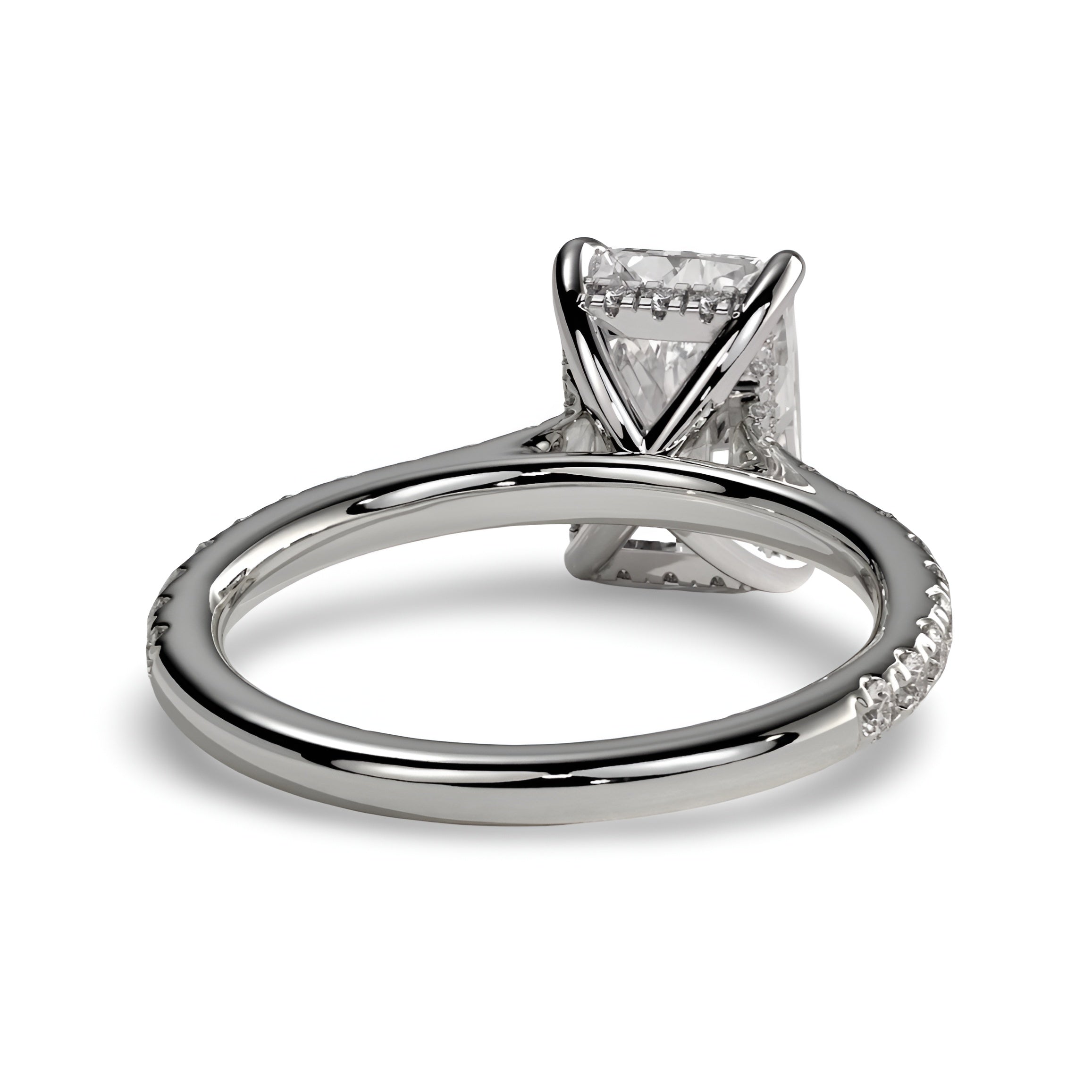 3.0ct Radiant Cut Hidden Halo Cathedral Pavé Ring – Sterling Silver / 9K–14K White Gold