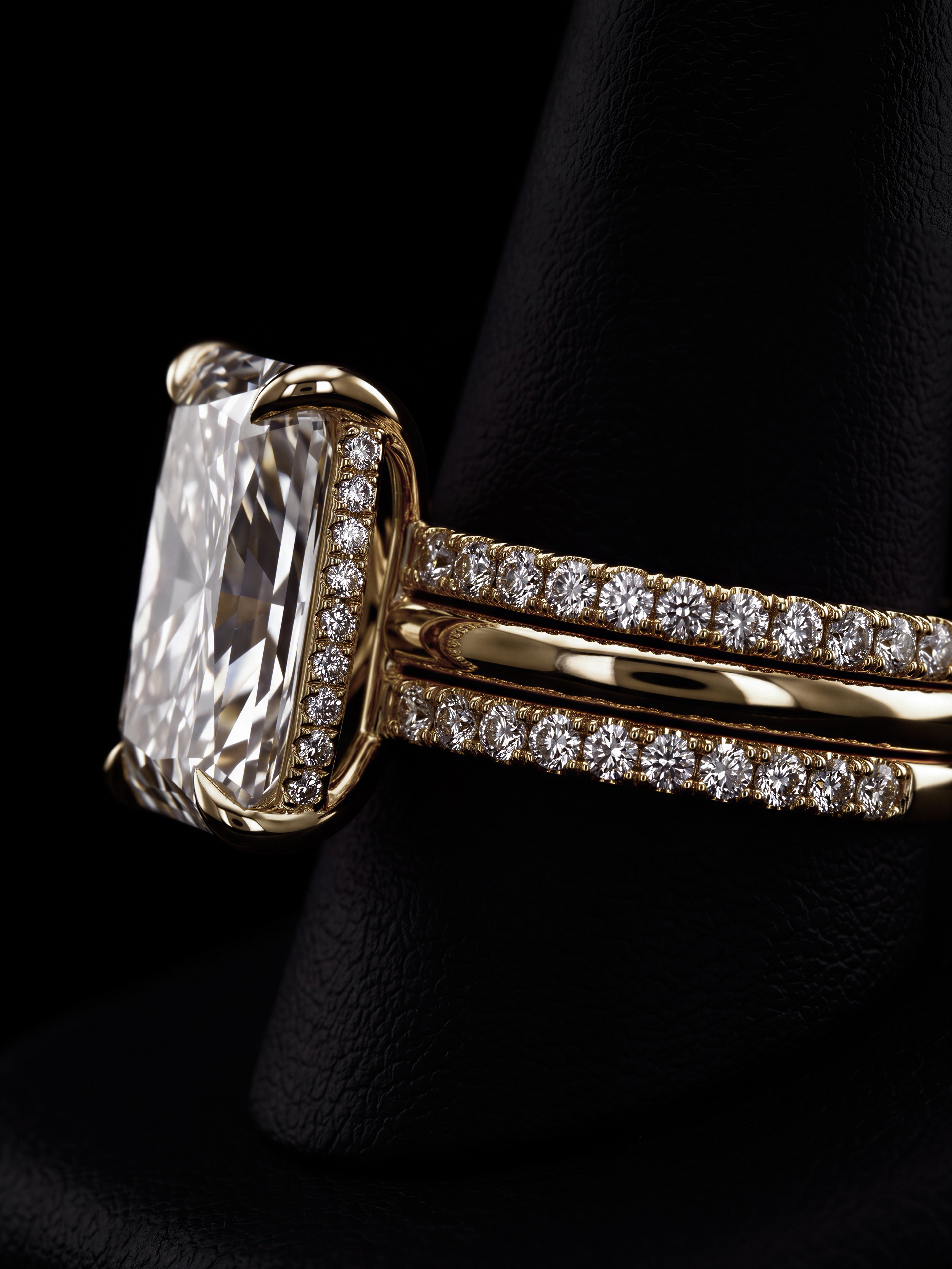 10.0CT Radiant-Cut Moissanite · Hidden Halo Solitaire · Double Pavé Stack · Yellow Gold