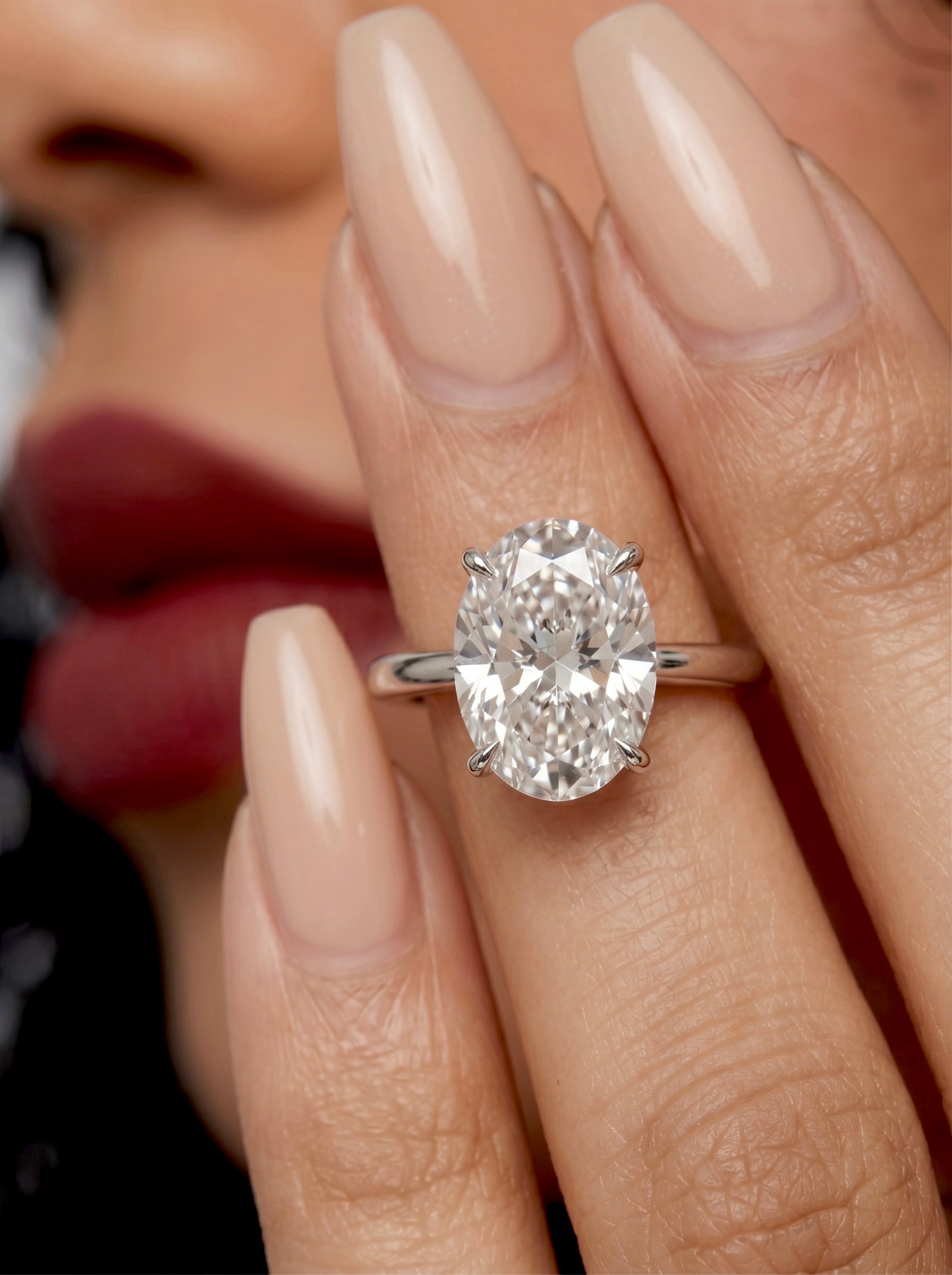 MG SOLARA™ 5.0ct Oval Cut Solitaire with Hidden Halo — Sterling Silver & White Gold