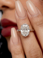 MG SOLARA™ 5.0ct Oval Cut Solitaire with Hidden Halo — Sterling Silver & White Gold