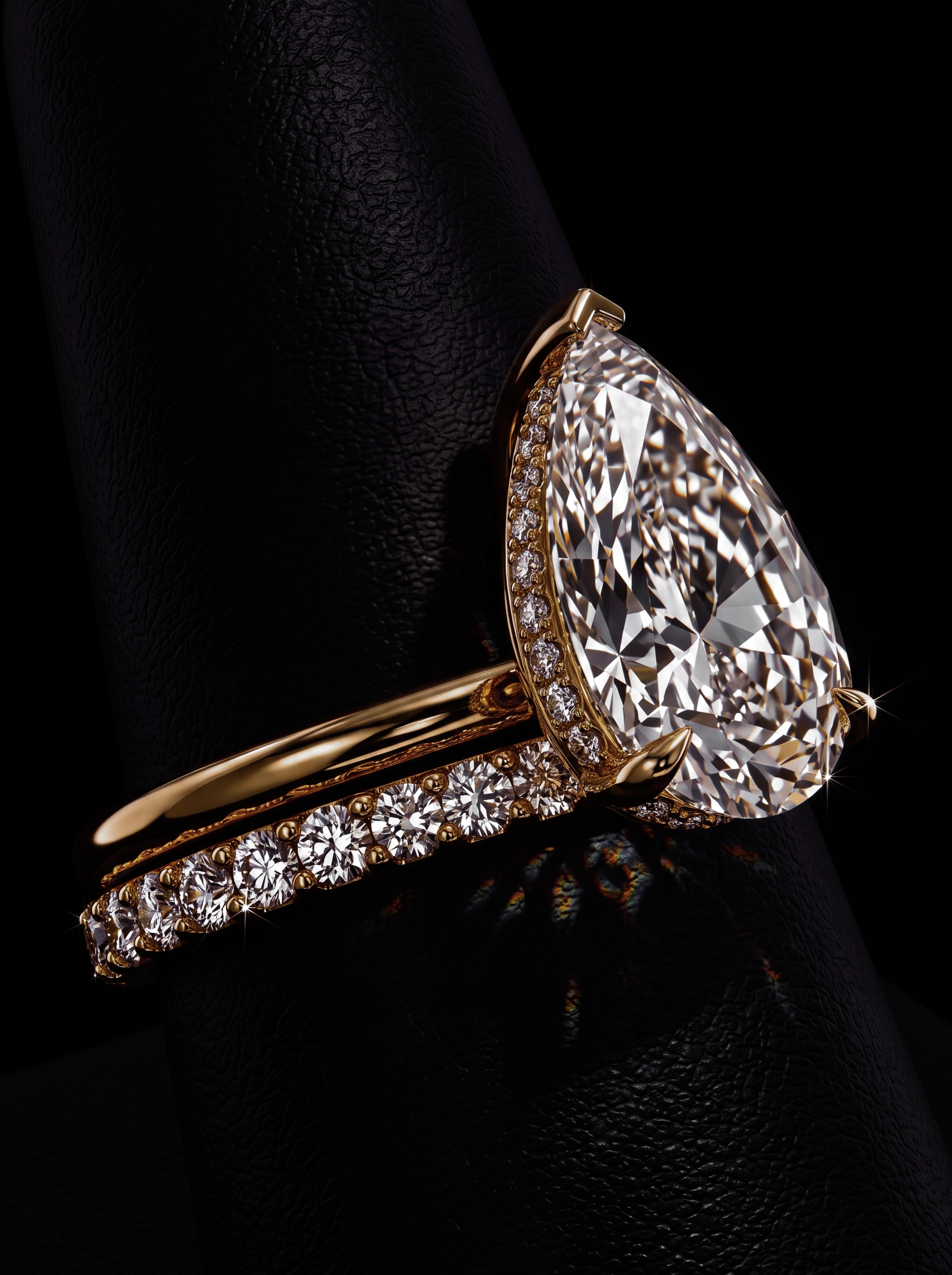 5.0CT Pear-Cut Moissanite · Hidden Halo Solitaire · Perfectly Matched Pavé Band · Yellow Gold