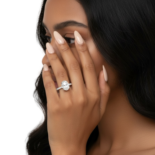 2.0CT Oval Cut Hidden Halo Pavé Engagement Ring - Sterling Silver & 9-14K White Gold MG ESSENCE