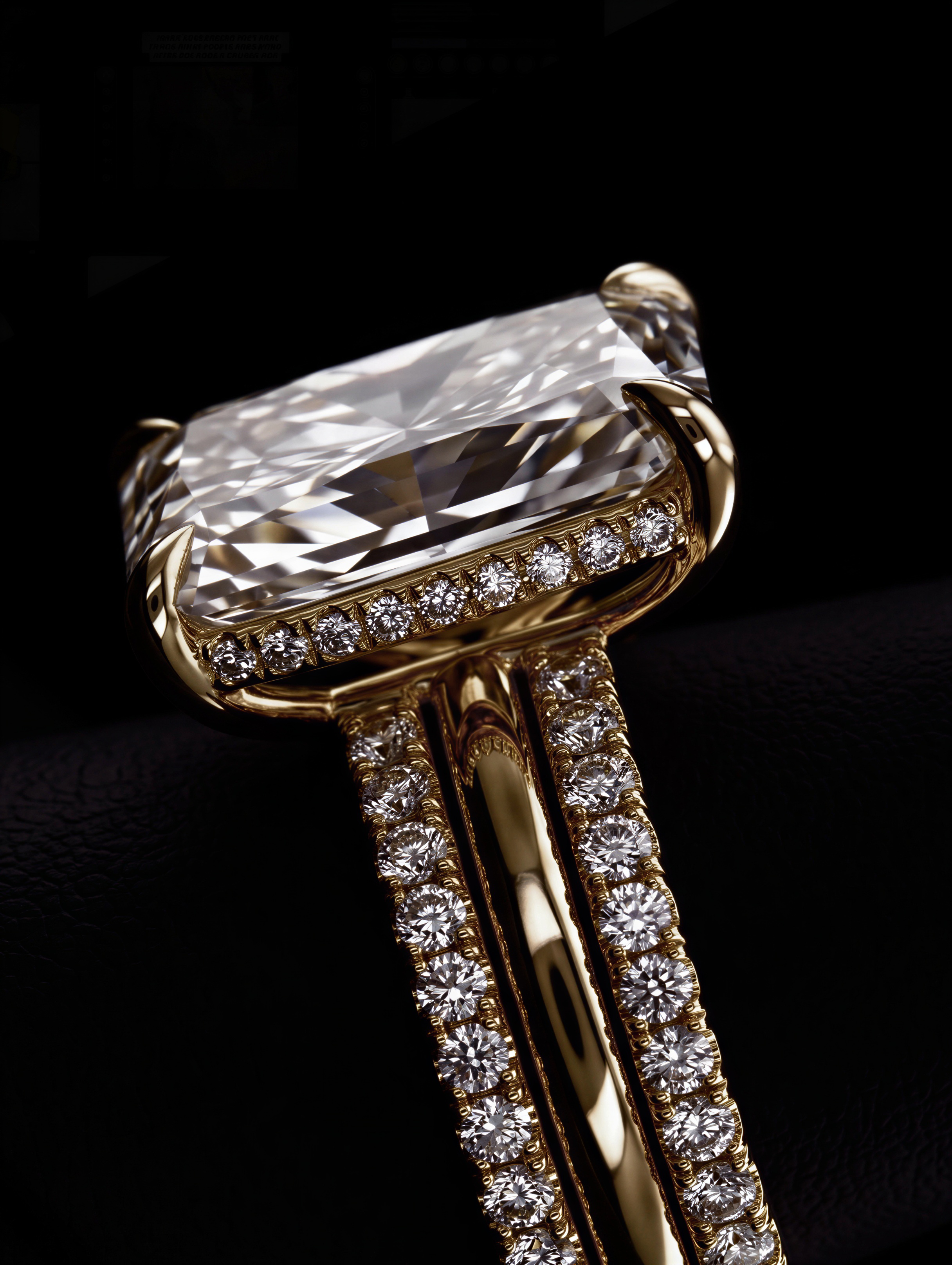 10.0CT Radiant-Cut Moissanite · Hidden Halo Solitaire · Double Pavé Stack · Yellow Gold