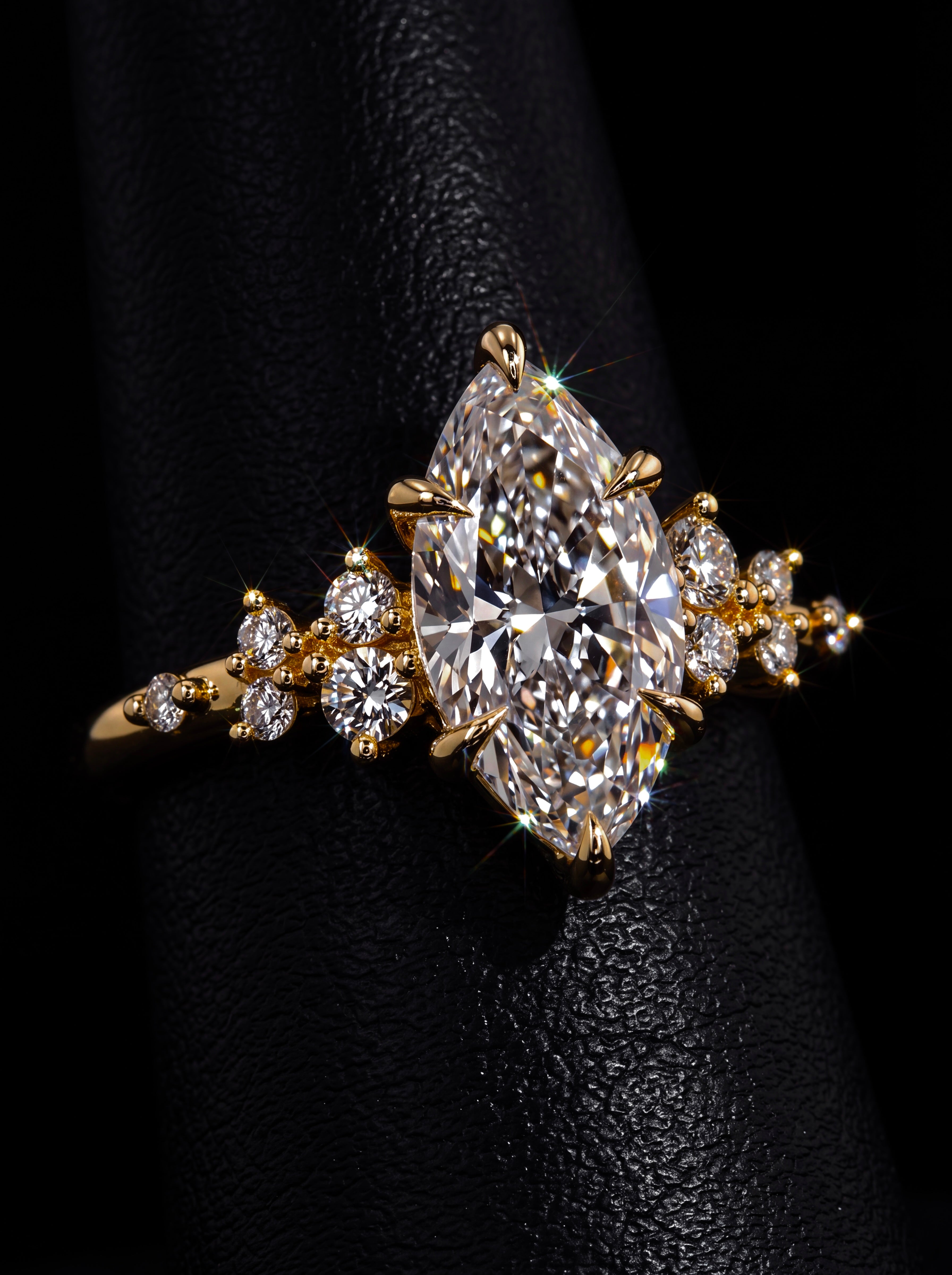 3.0CT Marquise-Cut Moissanite · Floral Halo Solitaire · Round Brilliant Accents · Yellow Gold