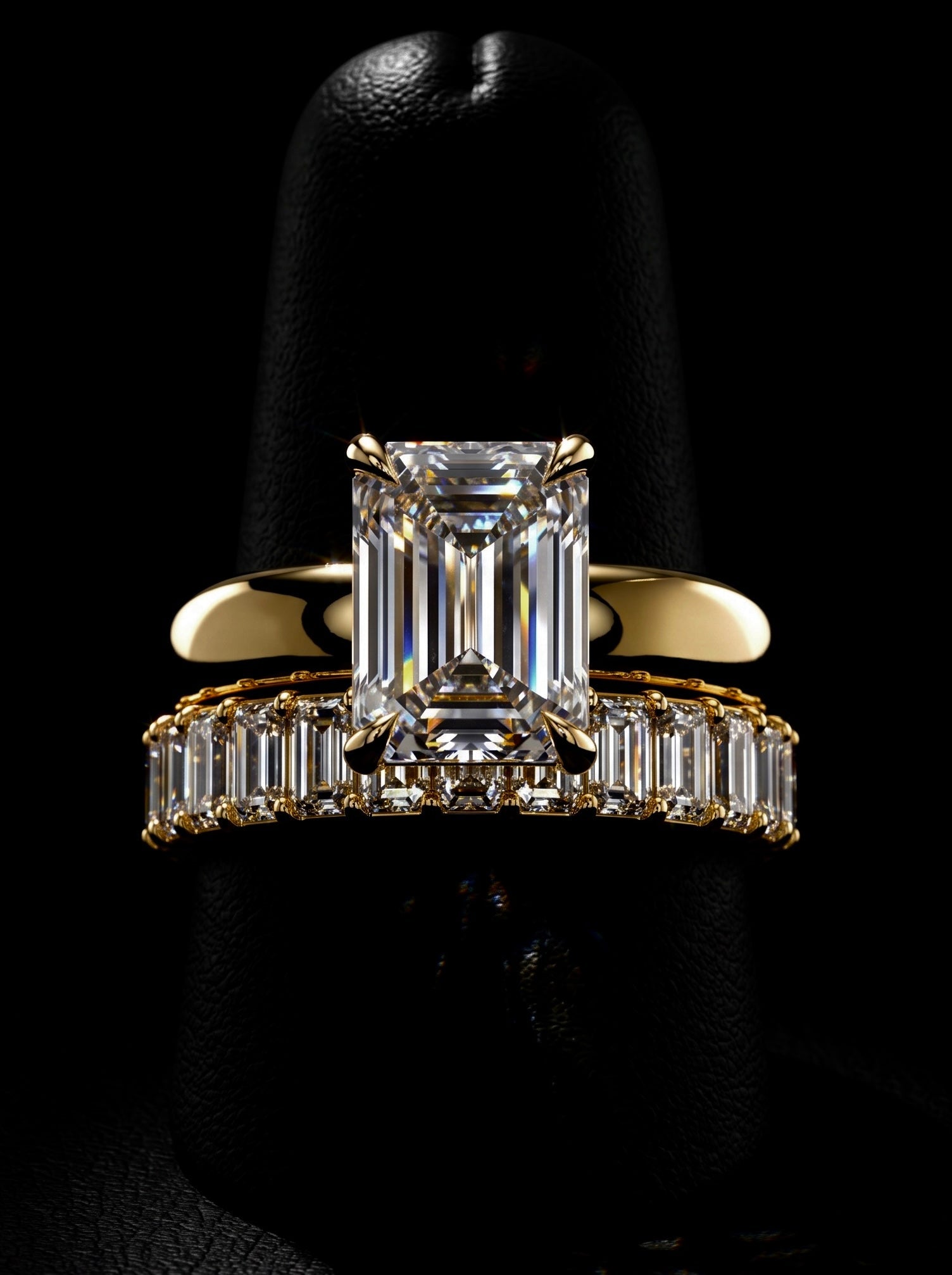 3.0CT Emerald-Cut Moissanite · Hidden Halo · 3.5mm Solitaire Band · Emerald-Cut Eternity Band · Solid Yellow Gold