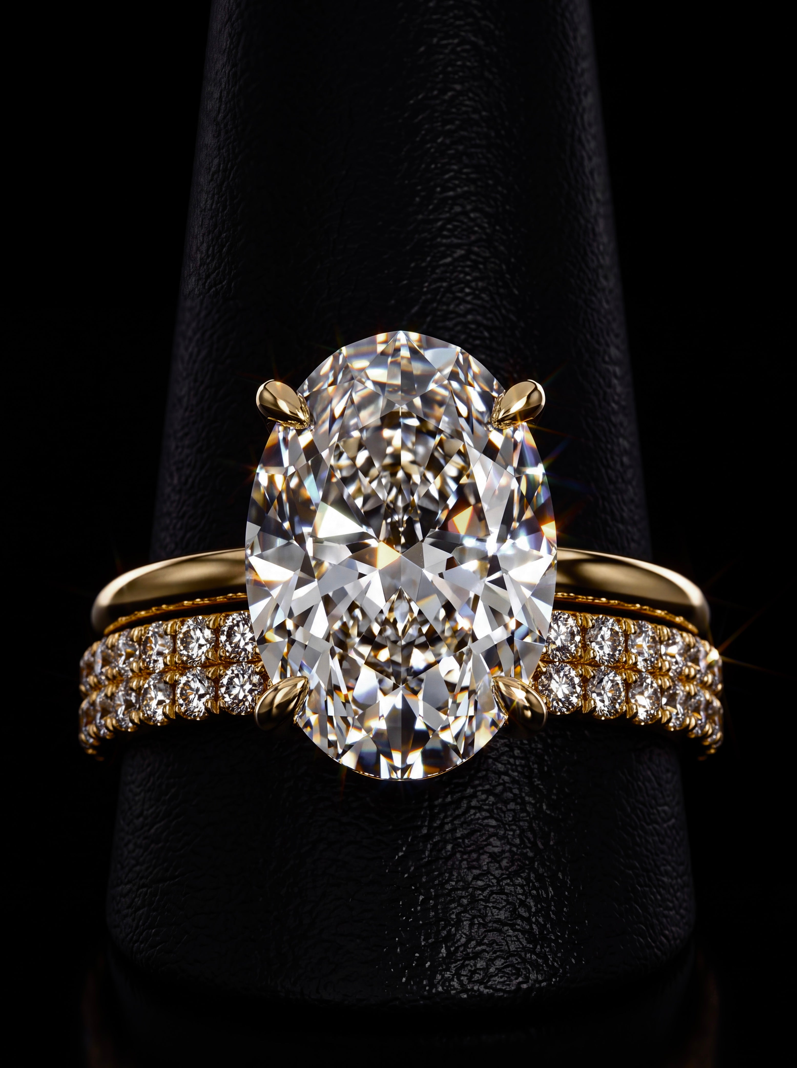 5.0CT Oval-Cut Moissanite · Hidden Halo Solitaire · Double-Row Pavé Band · Yellow Gold
