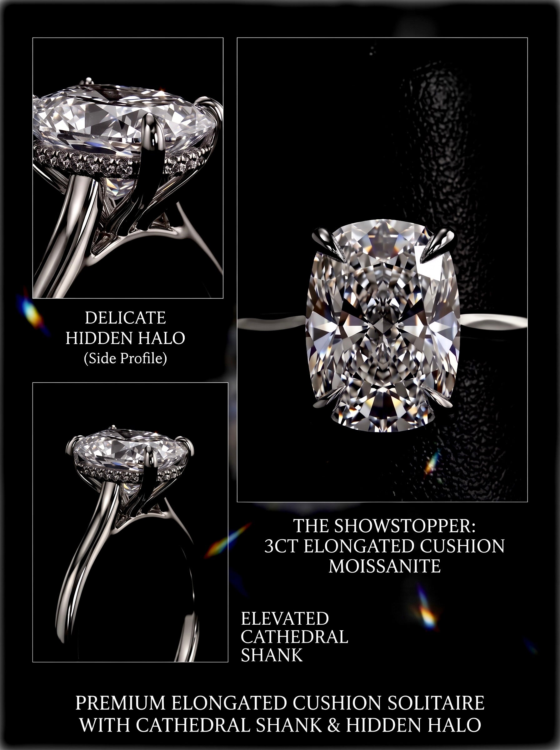 3.0ct Elongated Cushion Moissanite Solitaire | Hidden Halo & Cathedral Setting