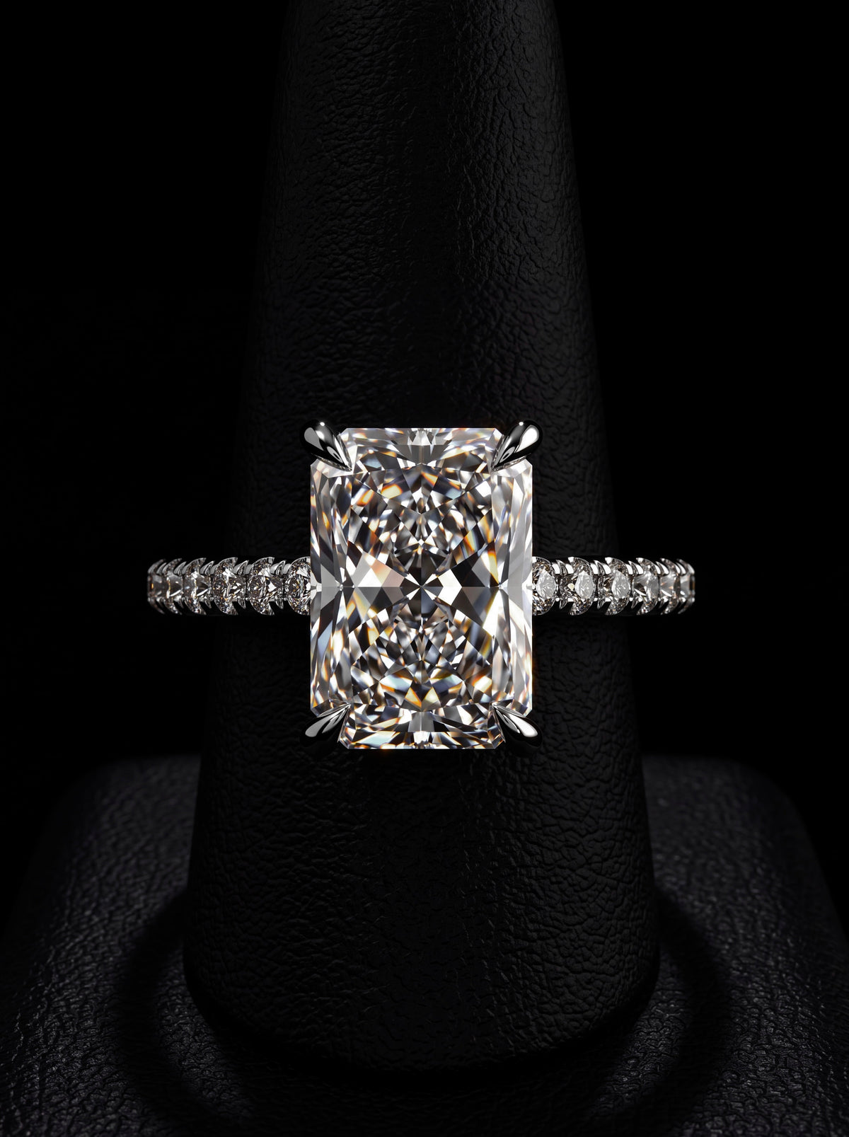 3.0ct Radiant Cut Hidden Halo Cathedral Pavé Ring – Sterling Silver / 9K–14K White Gold MG ESSENCE
