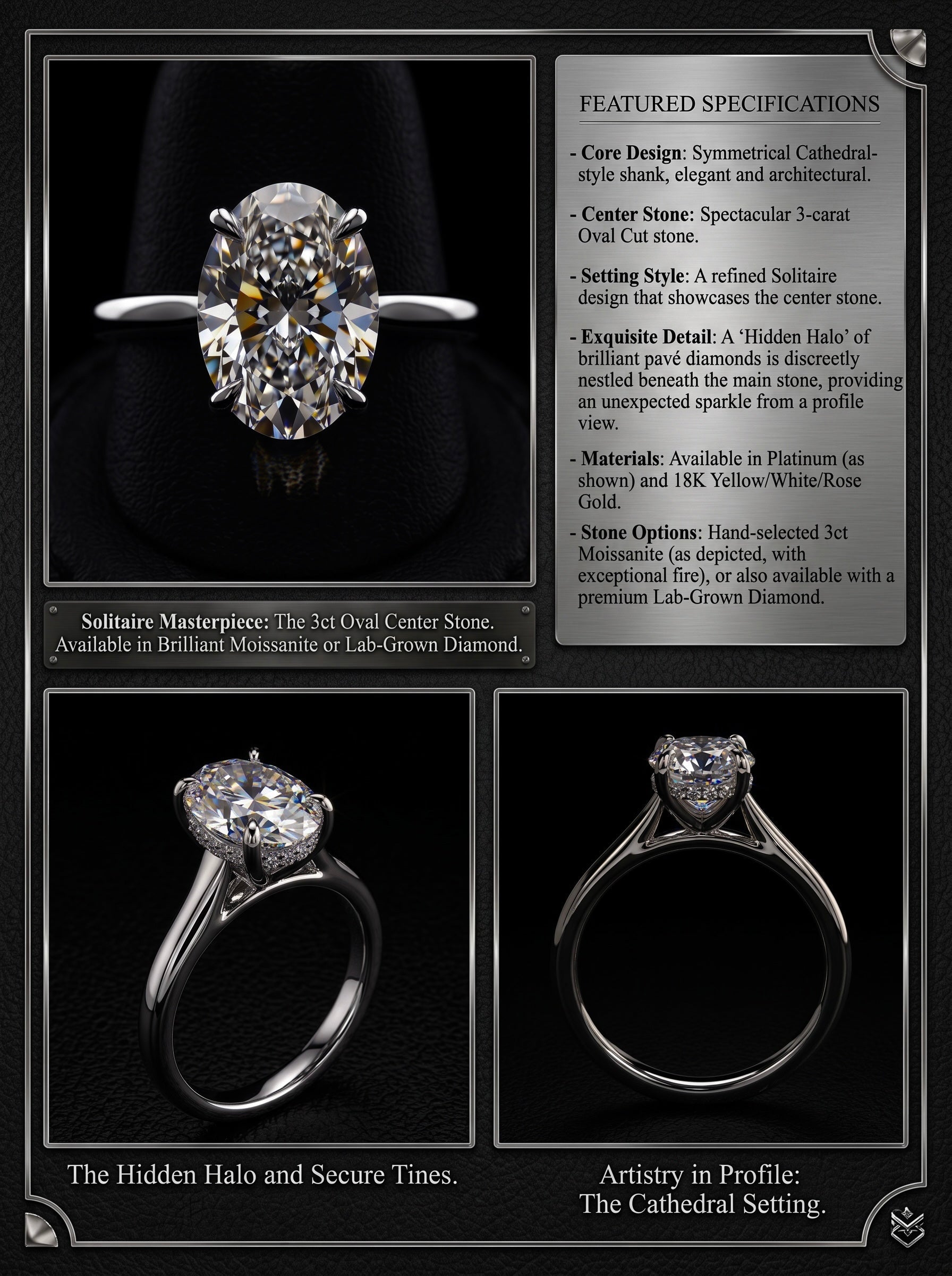 3.0ct Oval Moissanite Solitaire | Hidden Halo & Cathedral Setting