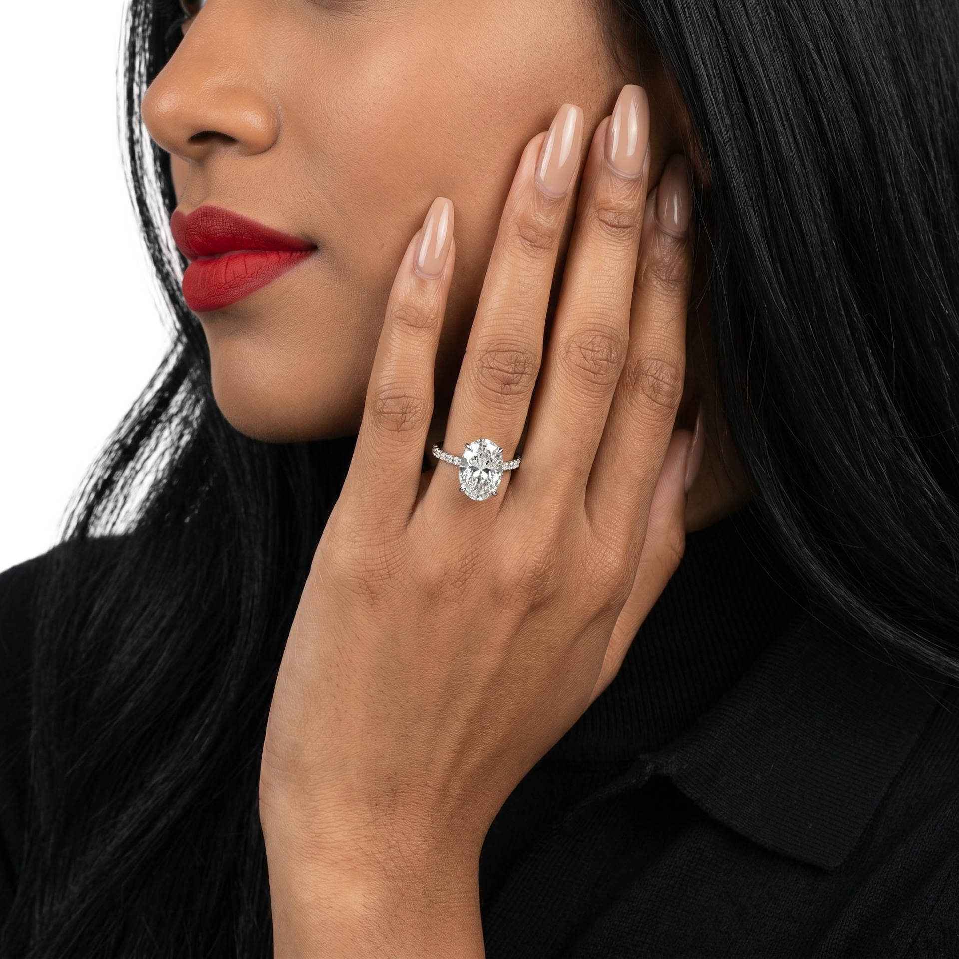 4.0ct Oval Brilliant Hidden Halo Pavé Engagement Ring - Sterling Silver & White Gold
