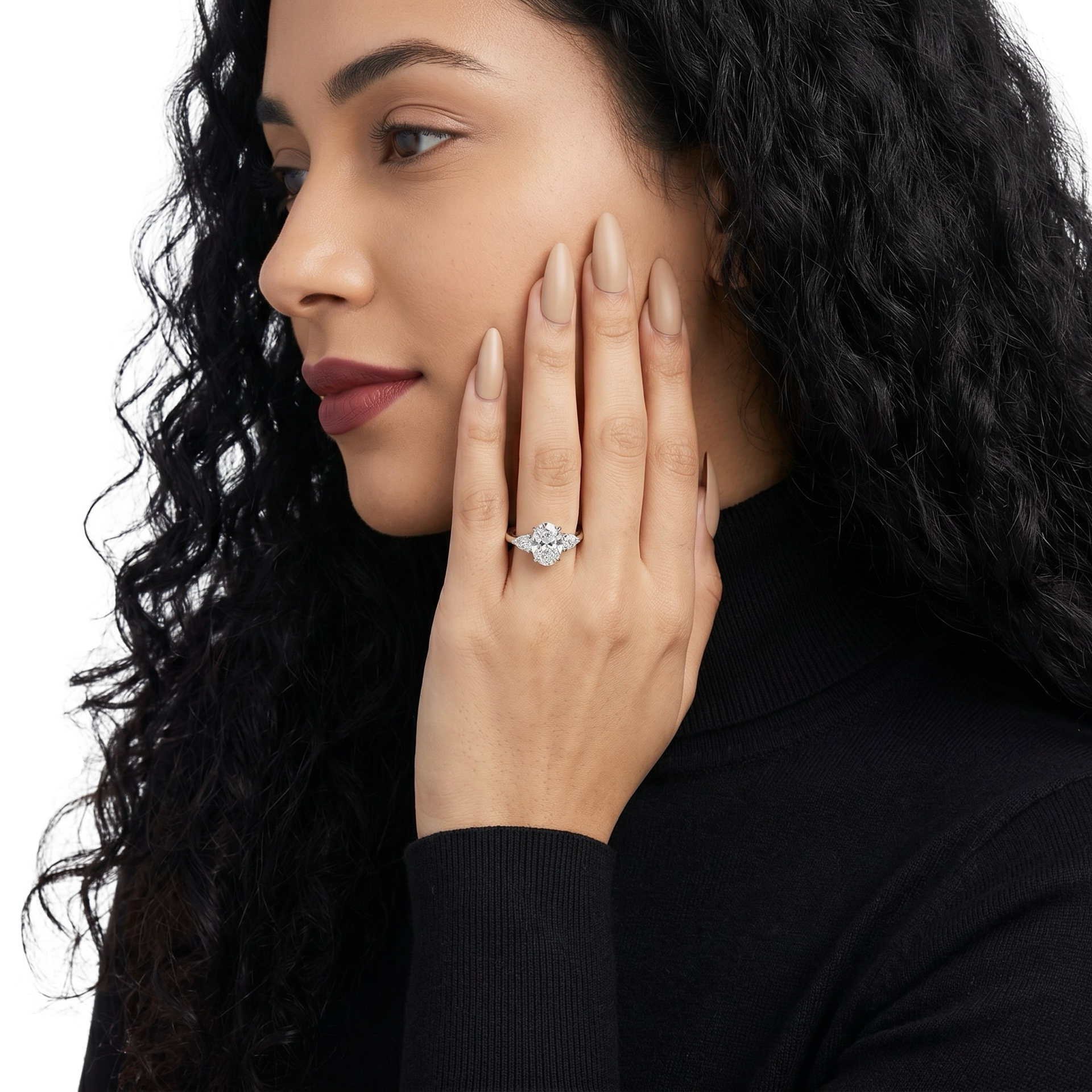 MG AURELIA™️ 3-Stone Oval Cut Ring with Pear Side Stones - Sterling Silver & White Gold