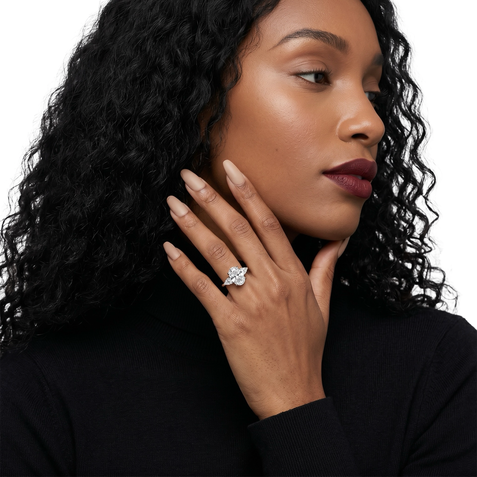 MG AURELIA™️ 3-Stone Oval Cut Ring with Pear Side Stones - Sterling Silver & White Gold