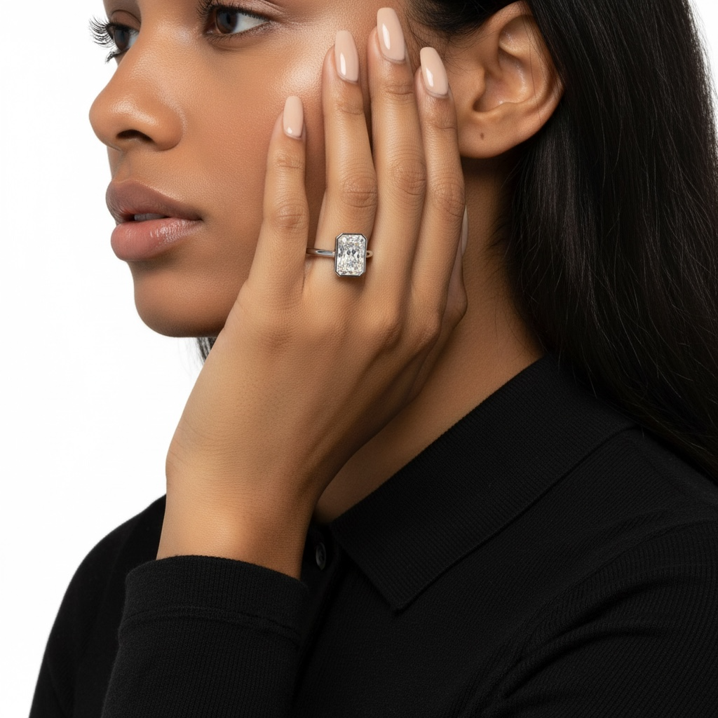 3.0ct Radiant Bezel Ring | Silver / 9-14K White Gold