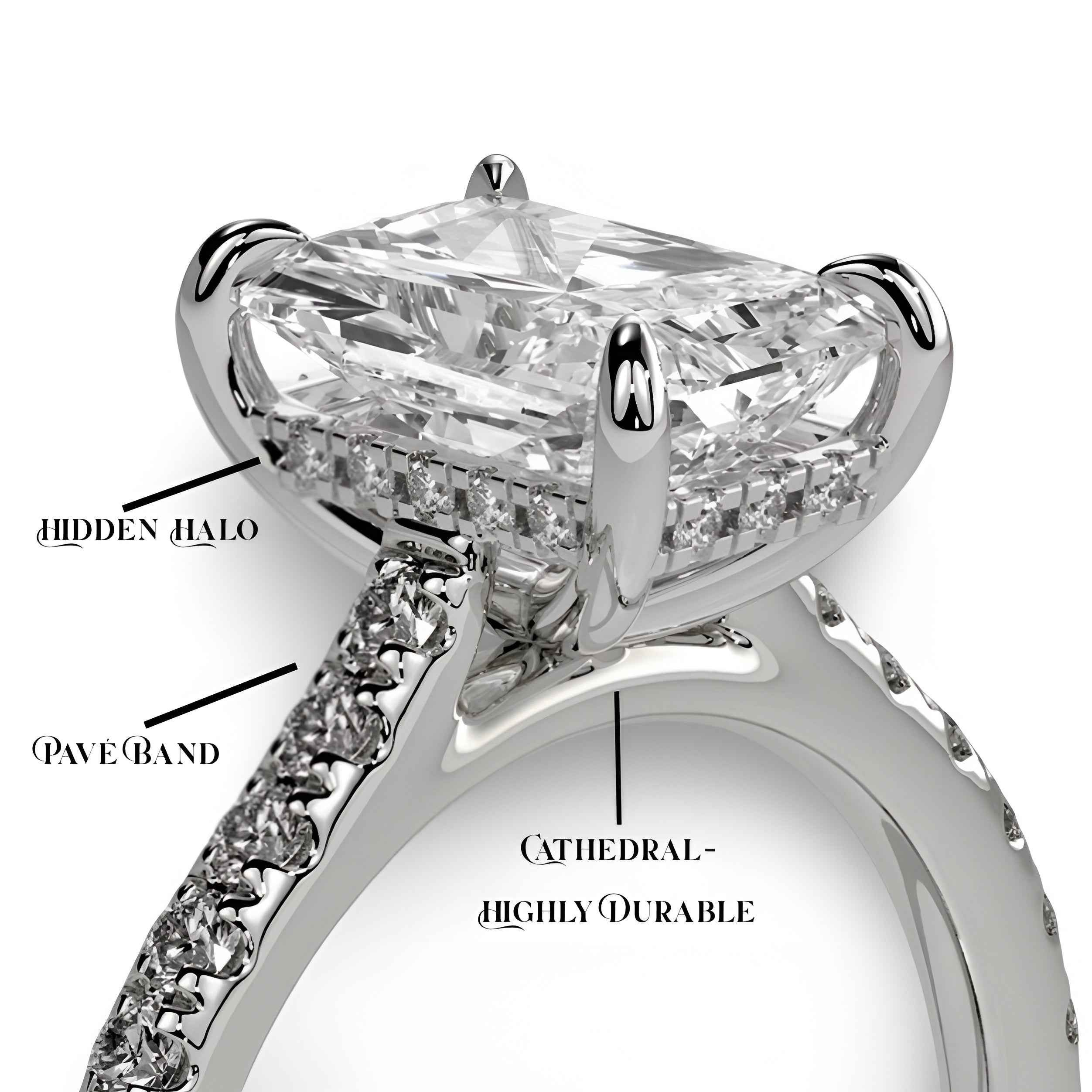 3.0ct Radiant Cut Hidden Halo Cathedral Pavé Ring – Sterling Silver / 9K–14K White Gold