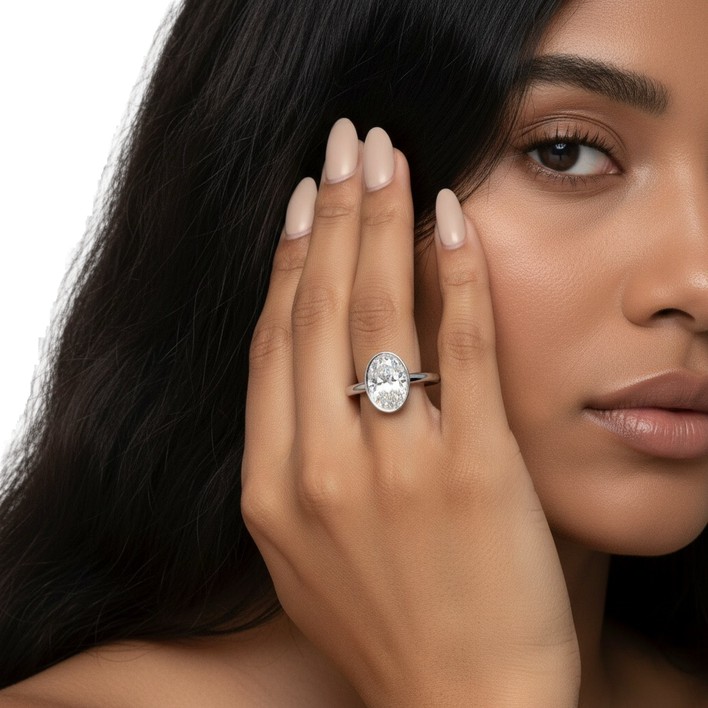 2.0 Ct Oval Cut Ring – Bezel Setting with Petal Gallery | Sterling Silver to White Gold