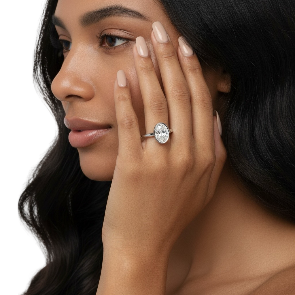 2.0 Ct Oval Cut Ring – Bezel Setting with Petal Gallery | Sterling Silver to White Gold