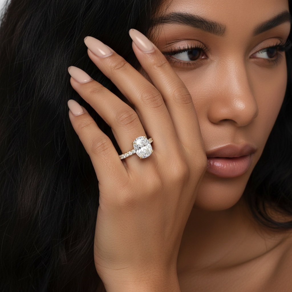 3.0CT Cushion Cut Hidden Halo Pavé Engagement Ring