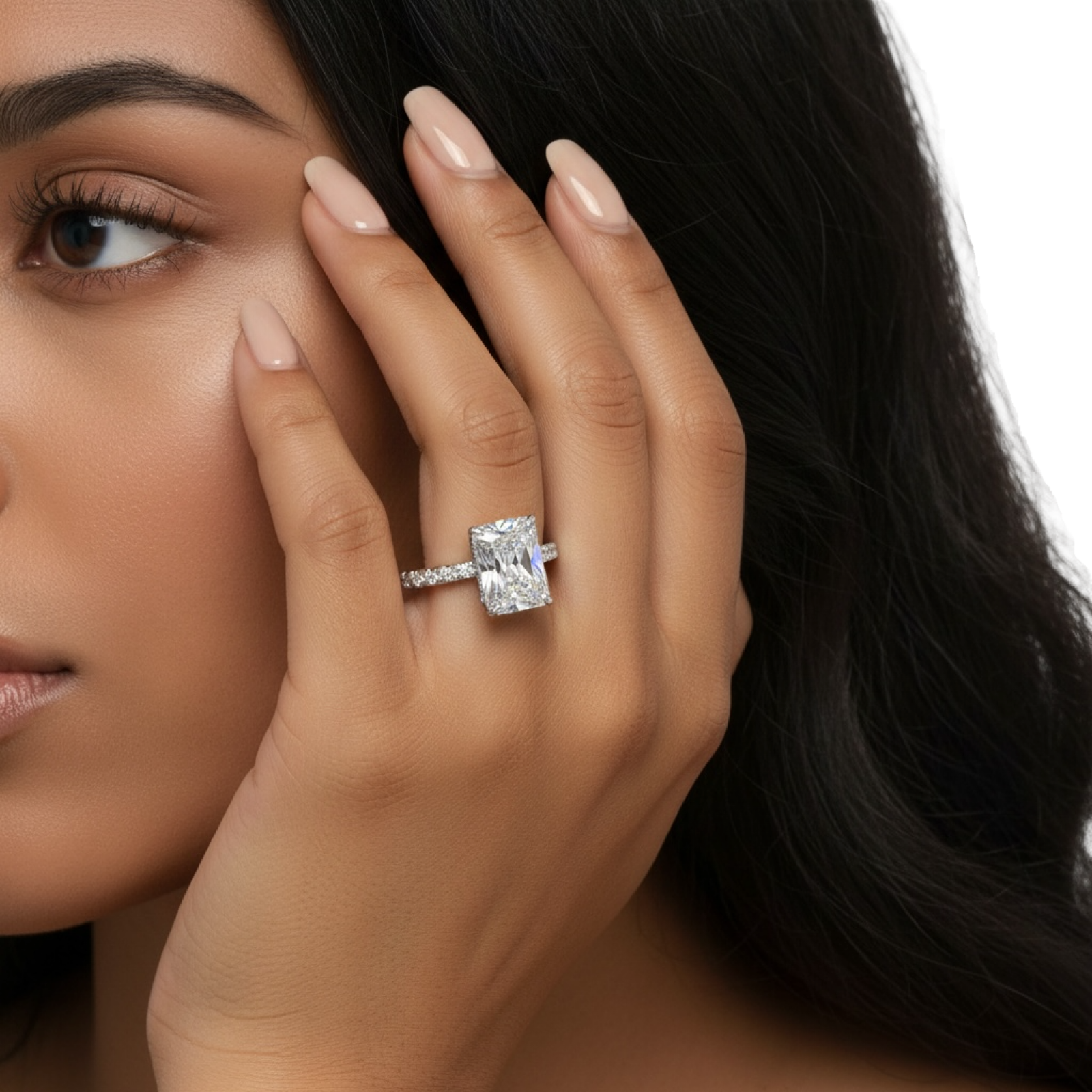 MG AURORA™ 5.0ct Radiant Cut Ring with Hidden Halo & Pavé – Sterling Silver / 9ct / 14ct White Gold