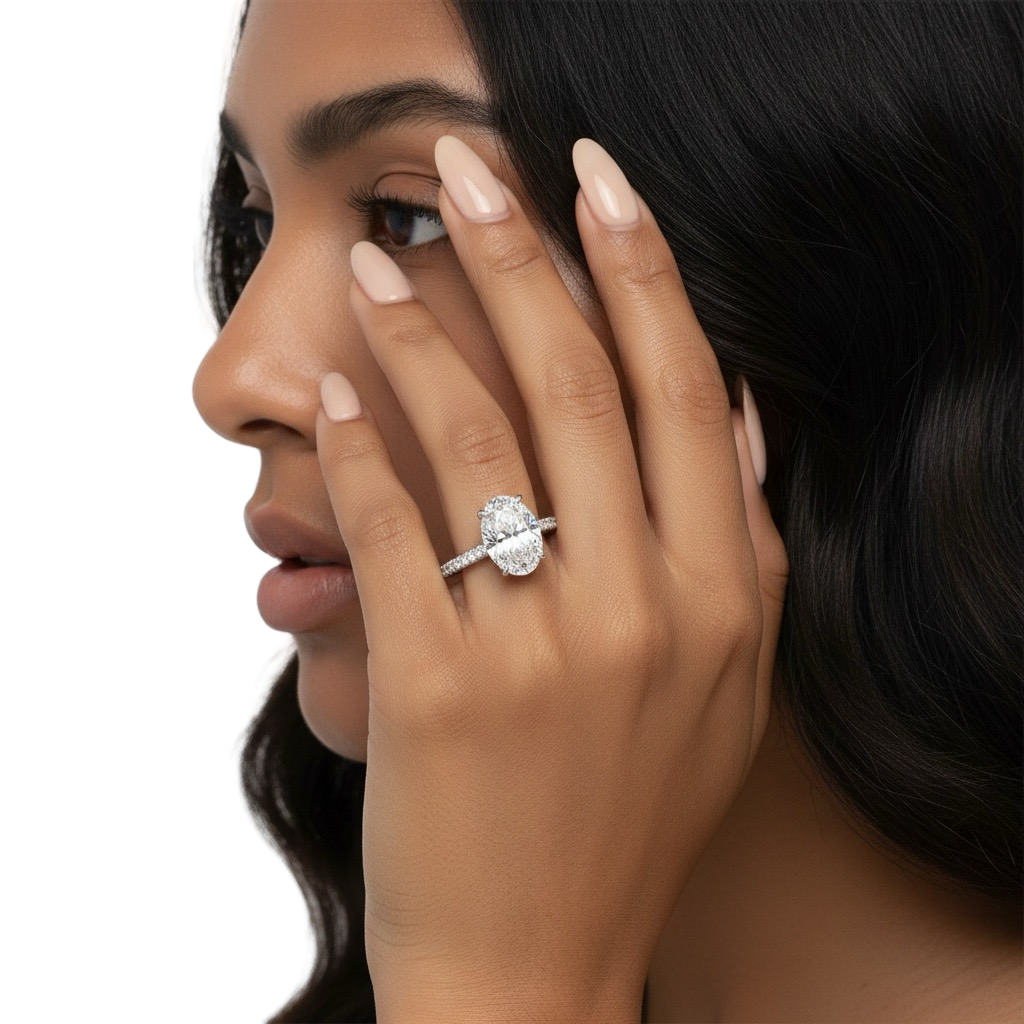 MG LUNARE™ 4.0ct Oval Cut Ring with Pavé & Hidden Halo – Sterling Silver / 9ct / 14ct White Gold