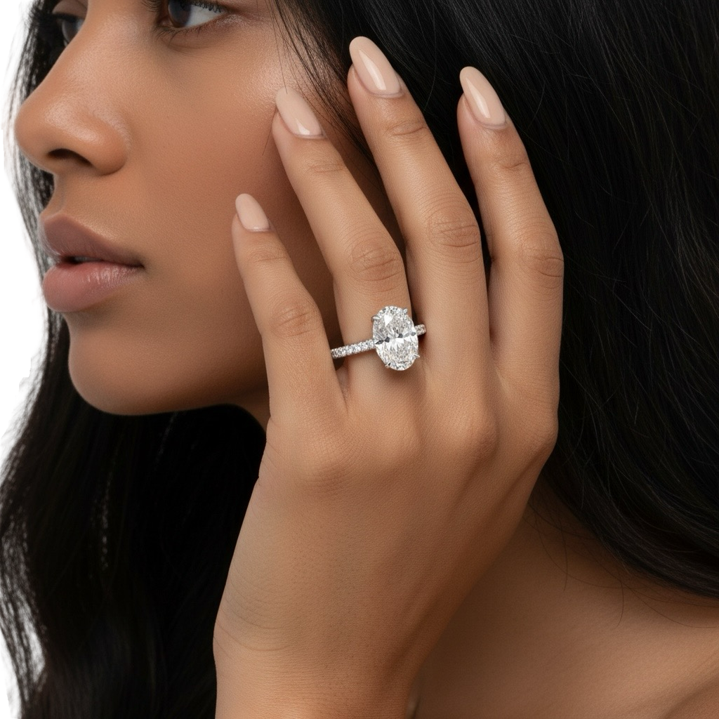 MG LUNARE™ 4.0ct Oval Cut Ring with Pavé & Hidden Halo – Sterling Silver / 9ct / 14ct White Gold