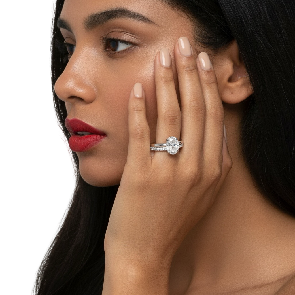 Oval Solitaire & Pavé Band Ring Set